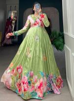 Tussar Silk Green Traditional Wear Printed Readymade Gown